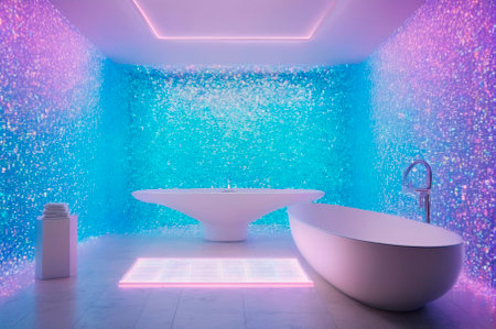 A holographic bathroom, made up of many particles. Generative AI.の写真素材