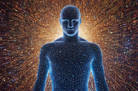 A holographic Fusion of man and computer, made up of many particles. Generative AI.の写真素材