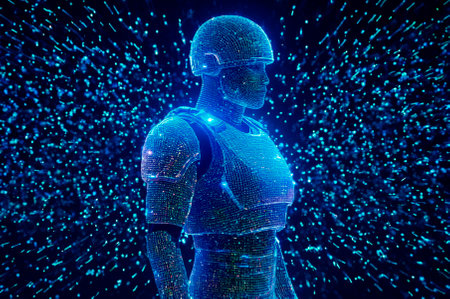 Holographic soldier made of many particles. Generative AI.