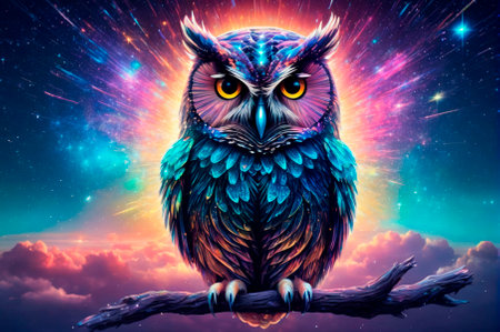 Holographic owl consisting of many particles in the sky. Generative AI.の写真素材
