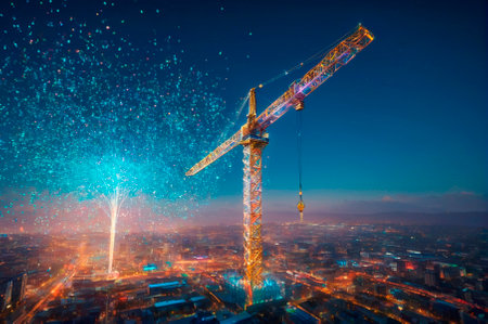 Holographic tower crane made of many particles. Generative AI.の写真素材