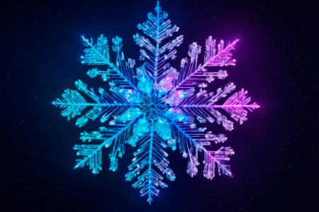 Holographic snowflake made of many particles. Generative AI.