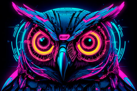 Portrait of a robotic owl, neon aesthetics, neo-noir. Generative AI.の写真素材