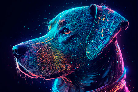 A holographic Portrait of a sci-fi dog, made up of many particles. Generative AI.の写真素材