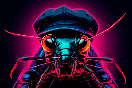 Portrait of an cockroach with black glasses, wearing a cap on his head, illustration, neon aesthetics, neo-noir. Generative AI.の写真素材