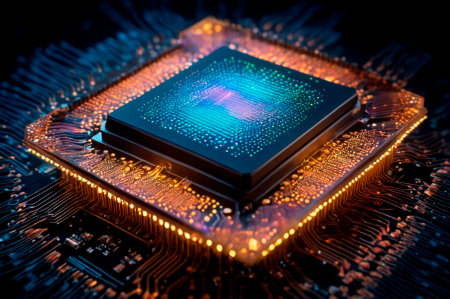 A holographic Transformer on a chip, with glowing particles on a dark background, made up of many particles. Generative AI.の写真素材