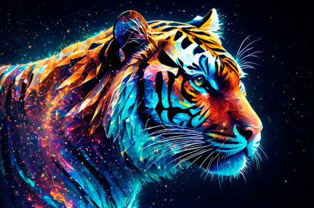 Holographic tiger consisting of many particles in the sky. Generative AI.