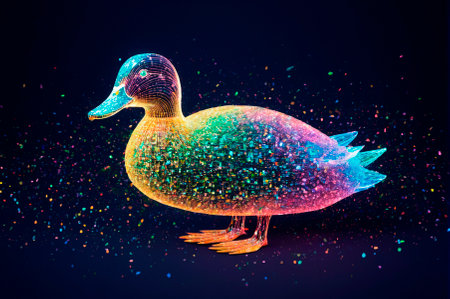 Holographic duck made of many particles. Generative AI.の写真素材
