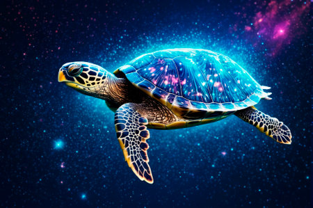 Holographic turtle consisting of many particles in the sky. Generative AI.の写真素材