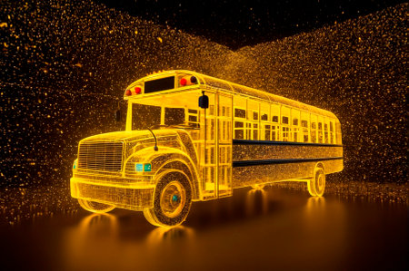 Holographic school bus made of many particles. Generative AI.