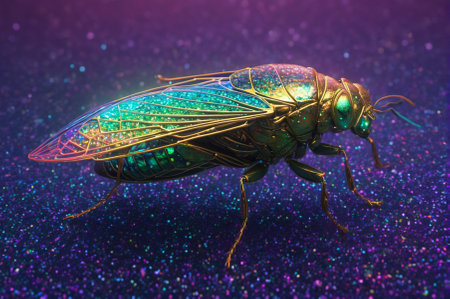 A holographic cicada, made up of many particles. Generative AI.の写真素材