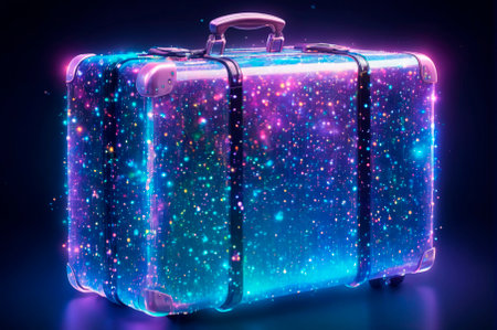 Holographic suitcase made of many particles. Generative AI.の写真素材