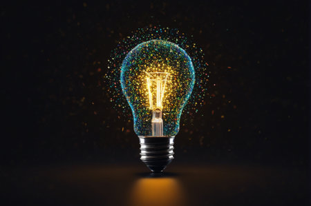 A holographic Light bulb with glowing particles on a dark background, made up of many particles....