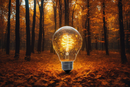 A holographic light bulb in an autumn forest with glowing particles on a dark background, made up of many particles. Generative AI.の写真素材