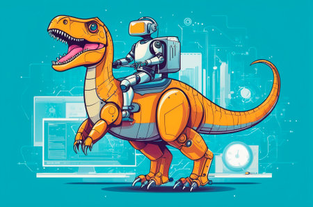 Artificial intelligence robot riding a dinosaur, in the world of digital computers, in vector style. Generative AIの写真素材