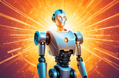 Robot artificial intelligence in the rays of light, in the world of digital computers, vector style. Generative AI.の写真素材