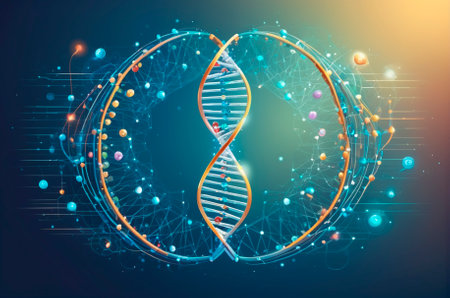 Artificial intelligence in the DNA molecule, in the world of digital computers, in vector style. Generative AI.の写真素材