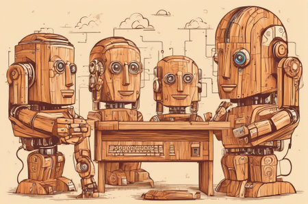 Artificial intelligence with wooden accounts, in the world of digital computers, in vector style....