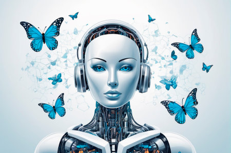 Robot artificial intelligence with butterflies, in the digital computer world, vector style....