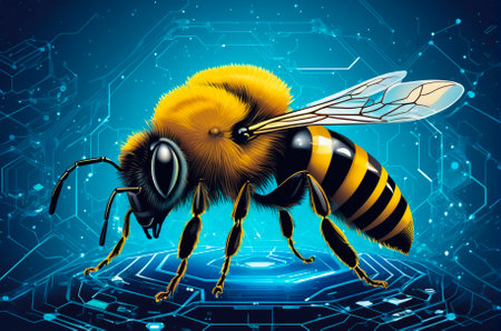 Artificial intelligence is a bee, in the world of digital computers, in vector style. Generative AI.