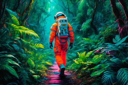 Astronaut walking through the jungle, neon colors. Generative AI.