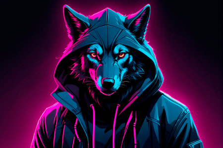 Illustration, neon aesthetics, neo-noir, cyberpunk wolf in a hoodie. Generative AI.