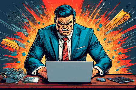 Angry CEO over laptop usage, cyber security, vector style. Generative AI.の写真素材