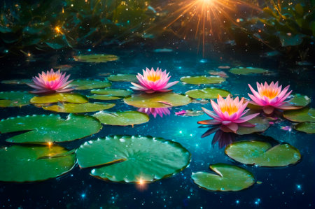 Water lilies surrounded by sparks and magic.の写真素材
