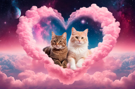 Pink cloud in the shape of a heart, two cats lie on the cloud, a galaxy with planets around.の写真素材