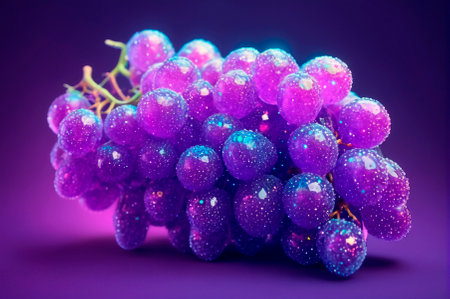 Sparkling Purple Grapes with Dewdrops on Dark Background. Generative AI.の写真素材