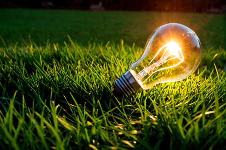 Light bulb on the grass. Generative AI.