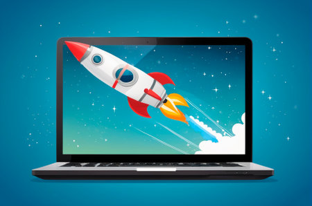 Launching a space rocket from a computer screen. Generative AI.の写真素材