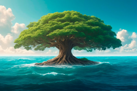 Large tree growing in the middle of the sea. Generative AI.