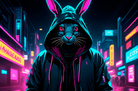 Cyberpunk hare in hooded sweatshirts, illustration. Generative AI.の写真素材