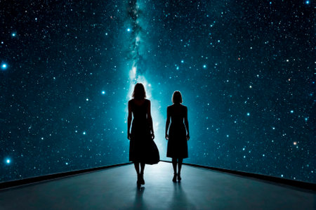 Woman walks into a parallel universe. Generative AI.の写真素材