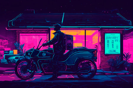 Deliveryman, illustration, neon aesthetics, neo-noir. Generative AI.の写真素材