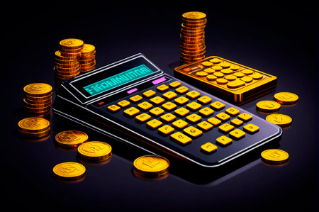 Stack of coins with a calculator, illustration, neon aesthetics, neo-noir, cyberpunk. Generative AI.