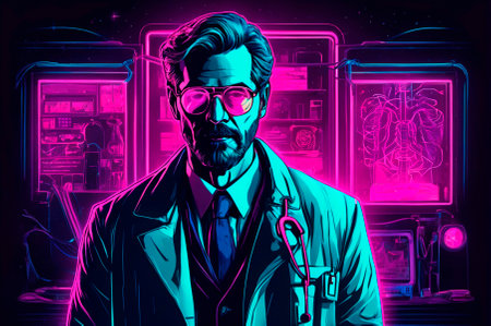 Doctor, illustration, neon aesthetics, neo-noir. Generative AI.