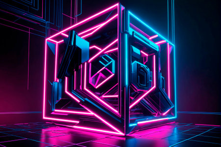 Abstract geometric shapes. pattern, illustration, neon aesthetics, neo-noir, cyberpunk. Generative AI.の写真素材