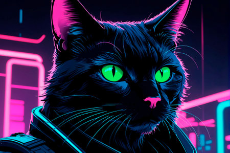 Cat in a futuristic style, illustration, neon aesthetics, neo-noir, cyberpunk. Generative AI.
