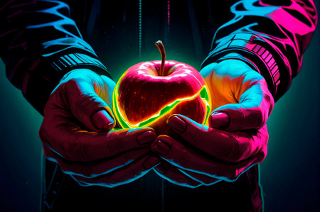 Dirty hands are holding an apple, illustration, neon aesthetics, neo-noir, cyberpunk. Generative AI.の写真素材