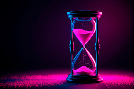Hourglass with neon lighting and counting down the time, illustration, neon aesthetics, neo-noir. Generative AI.の写真素材