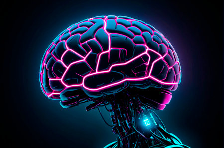 Futuristic representation of a robotic human brain, illustration, neon aesthetics, neo-noir, cyberpunk. Generative AI.の写真素材