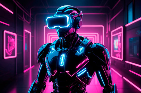 Futuristic robot using virtual reality glasses, illustration, neon aesthetics, neo-noir, cyberpunk....