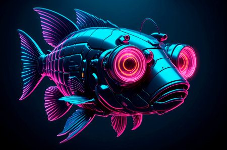 Fish in a futuristic style, illustration, neon aesthetics, neo-noir, cyberpunk. Generative AI.の写真素材