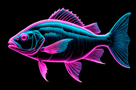 Illustration, neon aesthetics, neo-noir, X-ray image fish. Generative AI.の写真素材