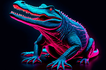 Illustration, neon aesthetics, neo-noir, X-ray image crocodile. Generative AI.の写真素材
