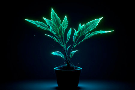 Green plant sprout in a pot, illustration, neon aesthetics, neo-noir, cyberpunk. Generative AI.の写真素材