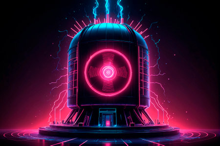 Nuclear reactor, illustration, neon aesthetics, neo-noir, cyberpunk. Generative AI.の写真素材