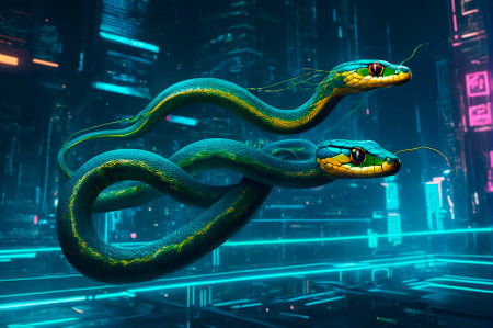 Polymorphic in the form of flying snakes in the cyberpunk style. Generative AI.